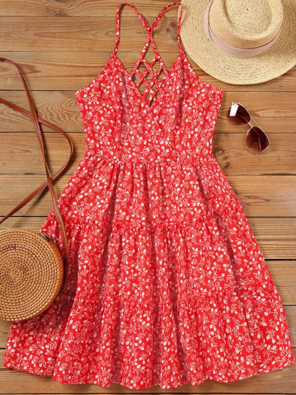 Women's Ditsy Floral Ruffle Hem Back Hollow Out Mini Dress Backless Cross-Criss Spaghetti Straps Cami Dresses - Image 3