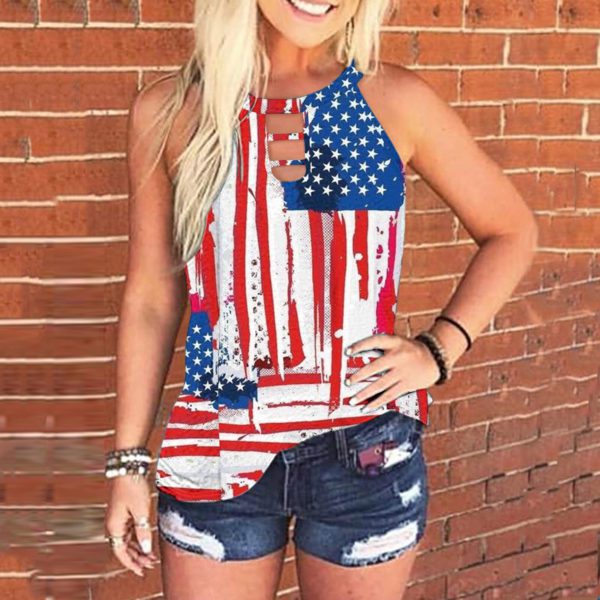 Womens Tank Top Sleeveless Vest Patriotic Stripes Star American Flag Print Cutout Neck Tank Tops Streetwear Tops - Image 2