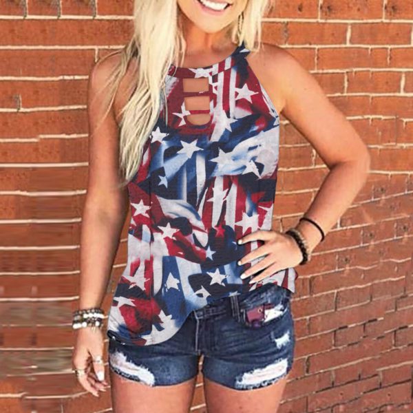 Womens Tank Top Sleeveless Vest Patriotic Stripes Star American Flag Print Cutout Neck Tank Tops Streetwear Tops - Image 3