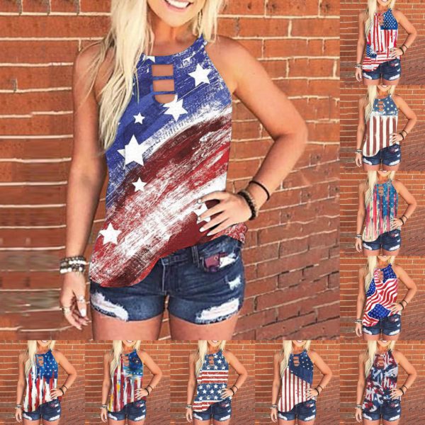 Womens Tank Top Sleeveless Vest Patriotic Stripes Star American Flag Print Cutout Neck Tank Tops Streetwear Tops