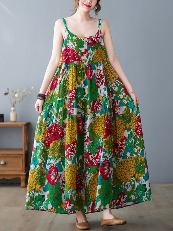 Sleeveless strap cotton linen vintage floral new in dresses for women casual loose long summer dress elegant clothing