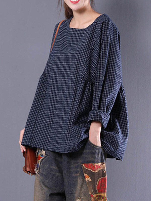 Vintage Long Sleeve Crewneck Check Loose Baggy Blouse - Image 4