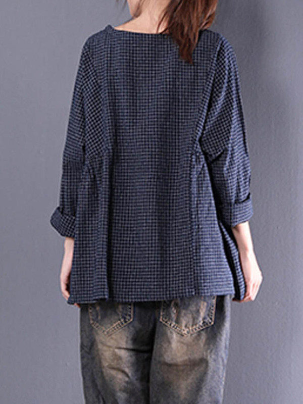 Vintage Long Sleeve Crewneck Check Loose Baggy Blouse - Image 5