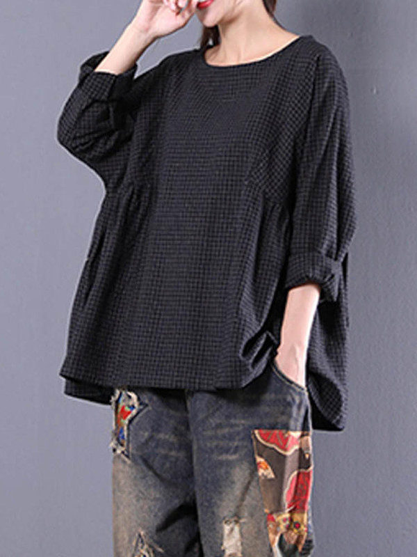 Vintage Long Sleeve Crewneck Check Loose Baggy Blouse - Image 2