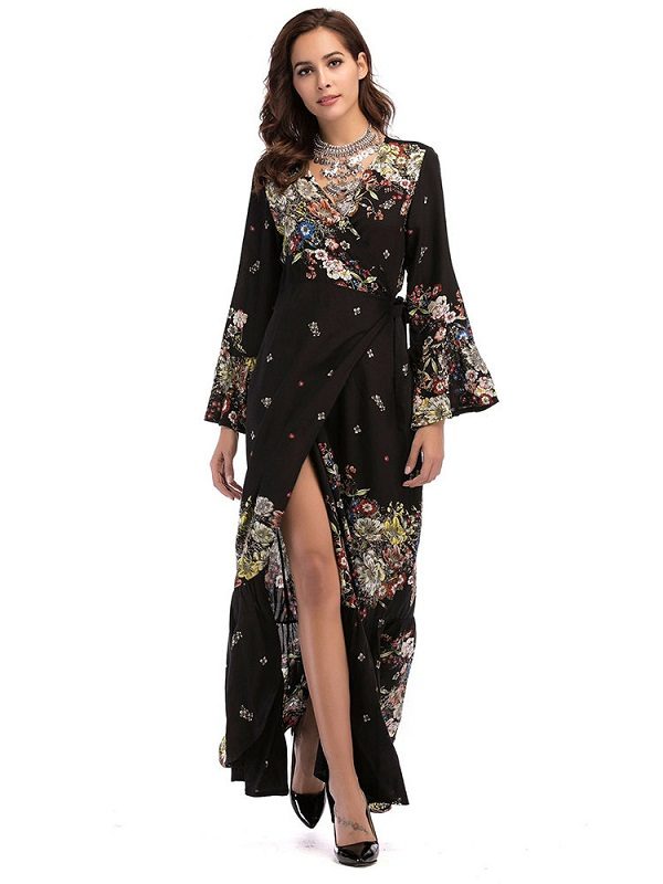 Bohemian floral print V-neck between Split Maxi dress