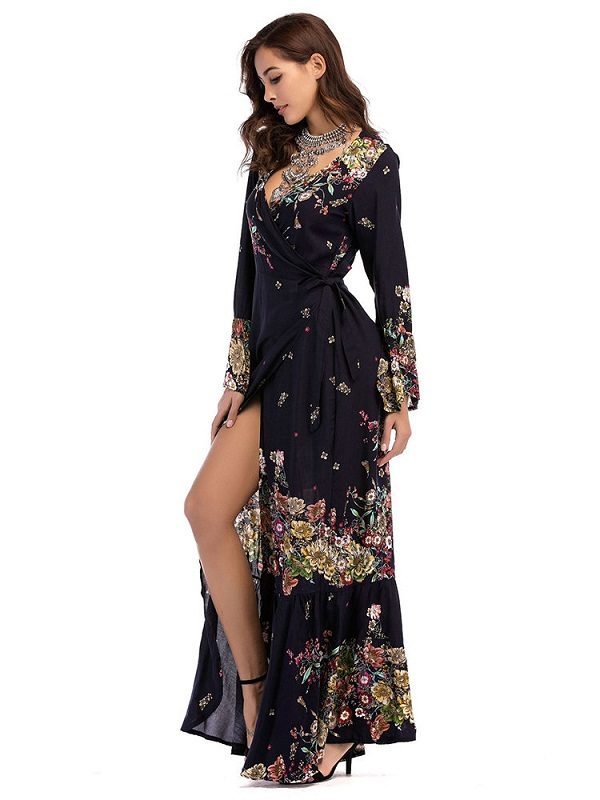 Bohemian floral print V-neck between Split Maxi dress - Image 2