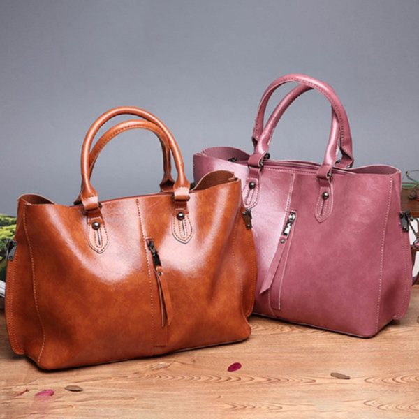 2 PCS Women Oil Wax PU Leather Tote Handbag - Image 9