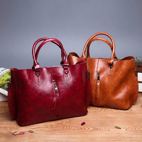 2 PCS Women Oil Wax PU Leather Tote Handbag - Image 8