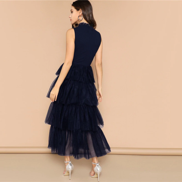 Frilled Neckline Layered Mesh Ruffle Hem Maxi Dress - Image 2