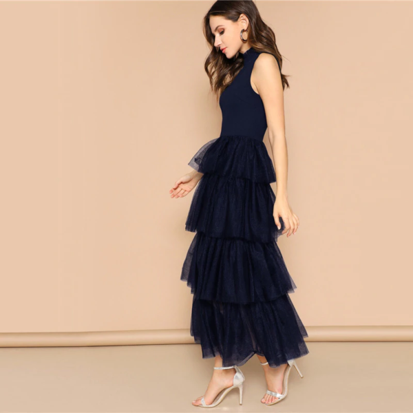 Frilled Neckline Layered Mesh Ruffle Hem Maxi Dress - Image 3