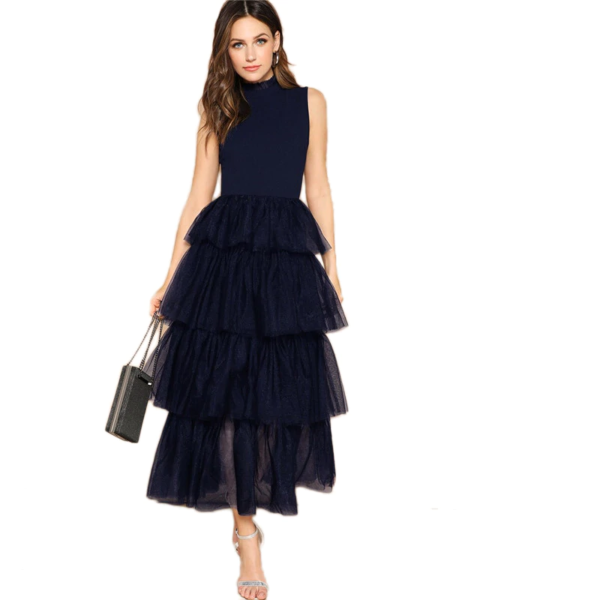 Frilled Neckline Layered Mesh Ruffle Hem Maxi Dress - Image 6