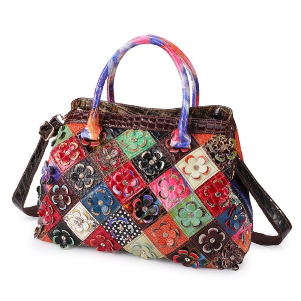 Women Genuine Leather Floral Handbags Large Capacity Cross body Bags - Image 3