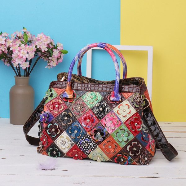 Women Genuine Leather Floral Handbags Large Capacity Cross body Bags - Image 7