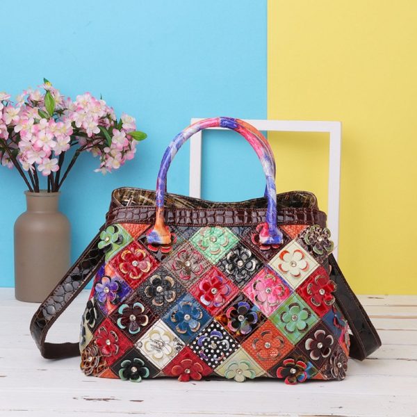 Women Genuine Leather Floral Handbags Large Capacity Cross body Bags