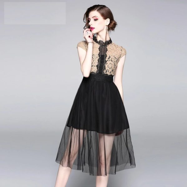 Women Lace Mesh Patchwork Hollow Out Vacation Party Beach Dresses - Image 2