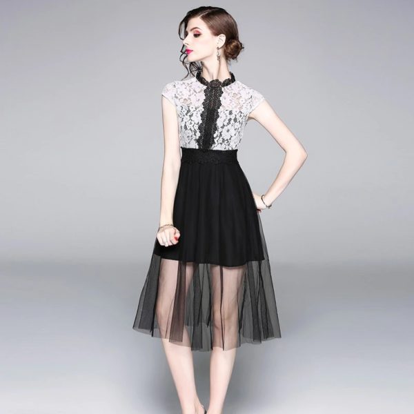 Women Lace Mesh Patchwork Hollow Out Vacation Party Beach Dresses - Image 5