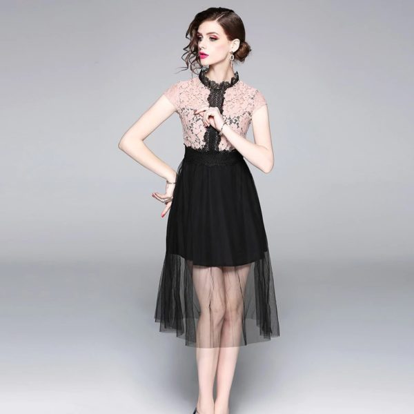 Women Lace Mesh Patchwork Hollow Out Vacation Party Beach Dresses - Image 4