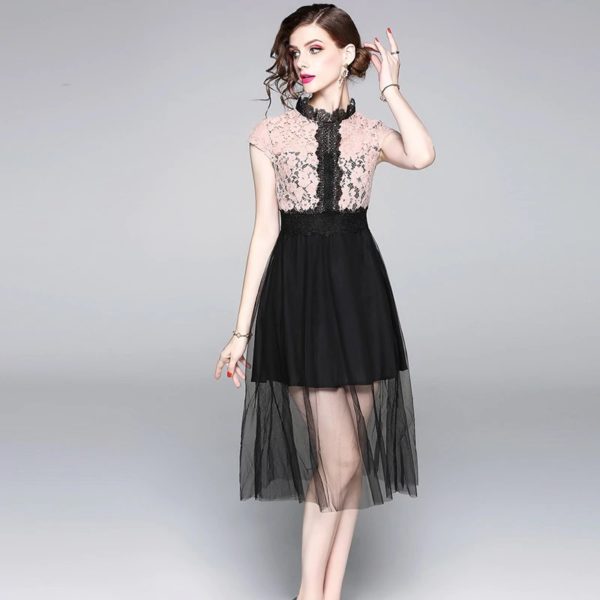 Women Lace Mesh Patchwork Hollow Out Vacation Party Beach Dresses - Image 3