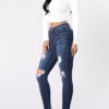 Women Ragged Hem Edge Denim Jeans - Image 6
