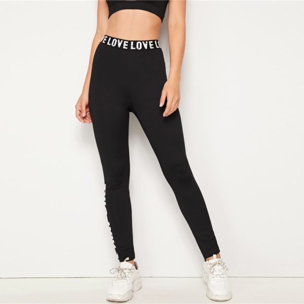 Elastic Waist Leisure Skinny Slogan Print Leggings - Image 3