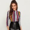 Office Lady Form Fitted Striped Top Slim T Shirt