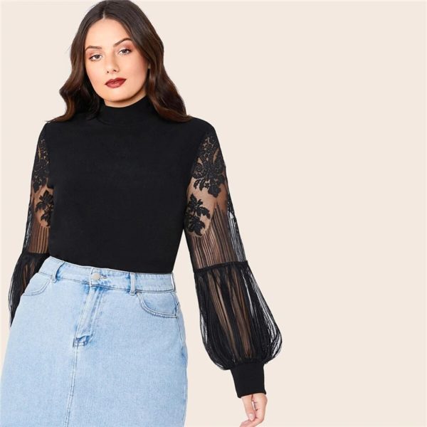 Plus Size Mock Neck Lace Lantern Sleeve Fitted Top