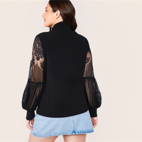Plus Size Mock Neck Lace Lantern Sleeve Fitted Top - Image 2