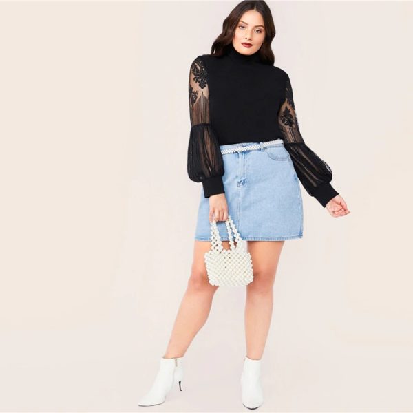 Plus Size Mock Neck Lace Lantern Sleeve Fitted Top - Image 4