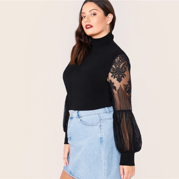 Plus Size Mock Neck Lace Lantern Sleeve Fitted Top - Image 5