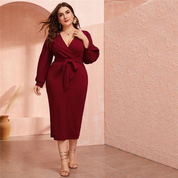 Plus Size Plunging Neck Wrap Belted Pencil Party Dress