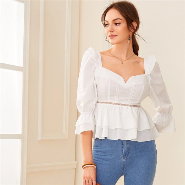 Puff Shoulder Sweetheart Neck Trim Layered Tops and Blouses