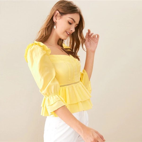 Puff Shoulder Sweetheart Neck Trim Layered Tops and Blouses - Image 10