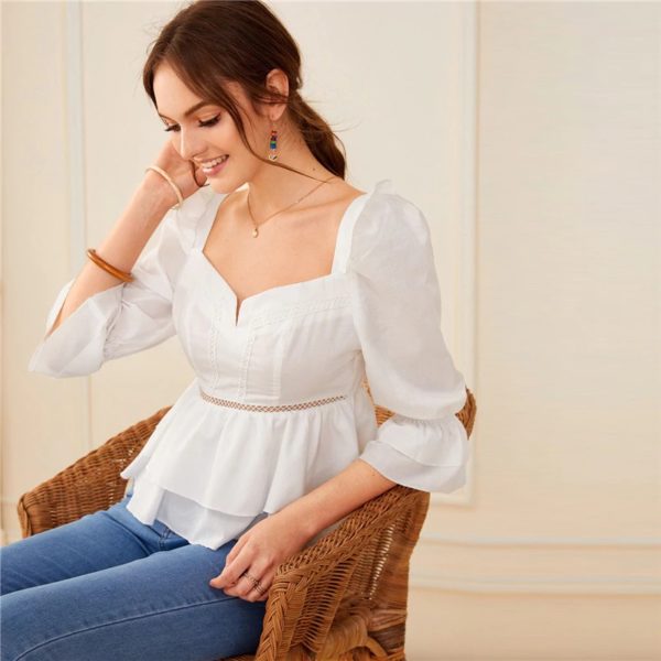 Puff Shoulder Sweetheart Neck Trim Layered Tops and Blouses - Image 2