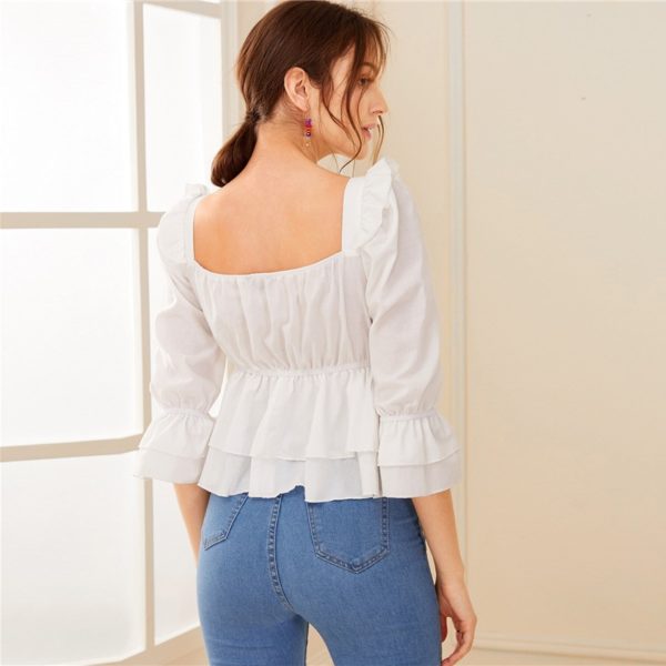 Puff Shoulder Sweetheart Neck Trim Layered Tops and Blouses - Image 3