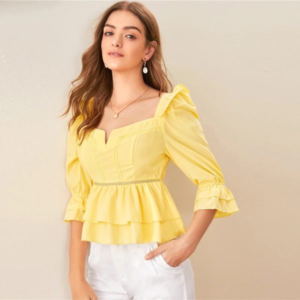 Puff Shoulder Sweetheart Neck Trim Layered Tops and Blouses - Image 6