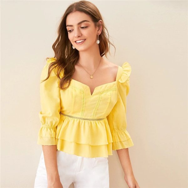 Puff Shoulder Sweetheart Neck Trim Layered Tops and Blouses - Image 8