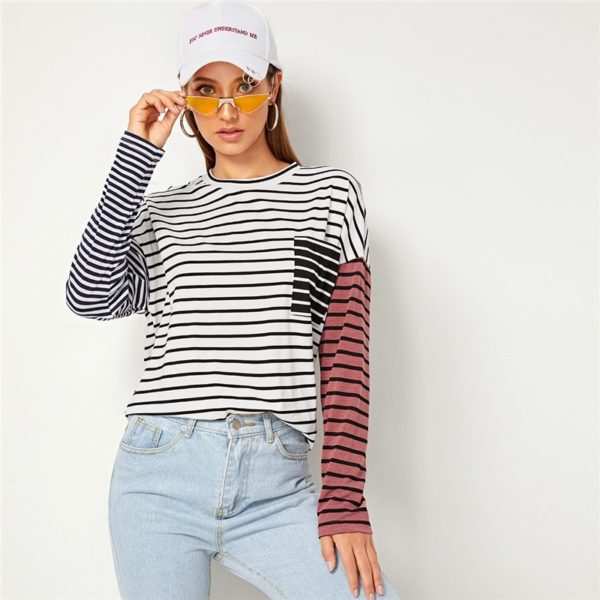 Striped Print Drop Shoulder Pocket Front Casual T-Shirt