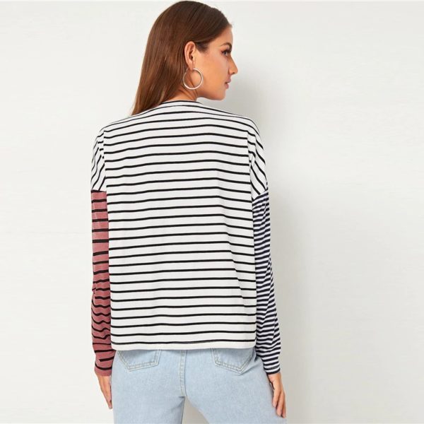 Striped Print Drop Shoulder Pocket Front Casual T-Shirt - Image 2