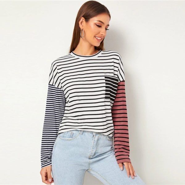 Striped Print Drop Shoulder Pocket Front Casual T-Shirt - Image 3