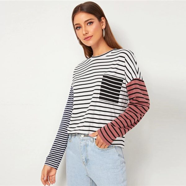 Striped Print Drop Shoulder Pocket Front Casual T-Shirt - Image 4