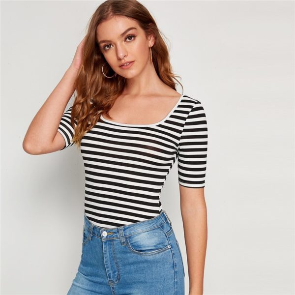 Striped Print Square Neck Slim Fitted Tee Basics T Shirt