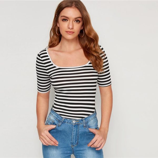 Striped Print Square Neck Slim Fitted Tee Basics T Shirt - Image 2