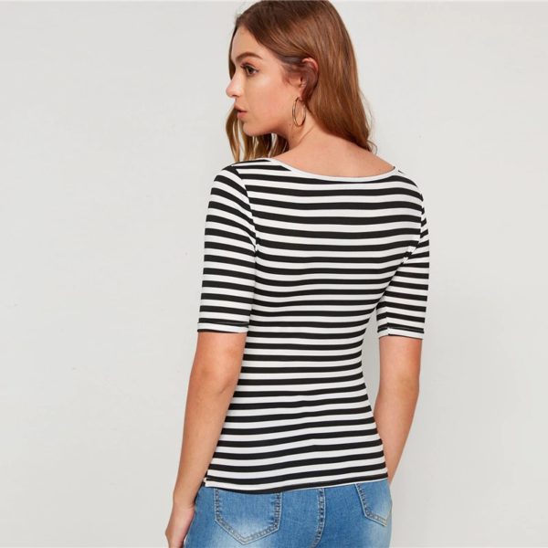 Striped Print Square Neck Slim Fitted Tee Basics T Shirt - Image 3