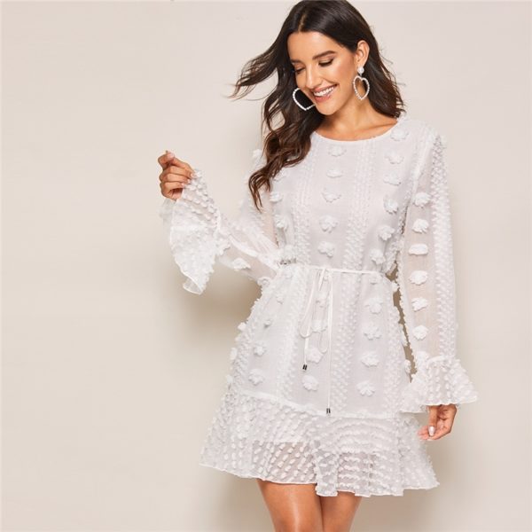 Swiss Dot Flounce Sleeve Ruffle Hem Sweet Dress