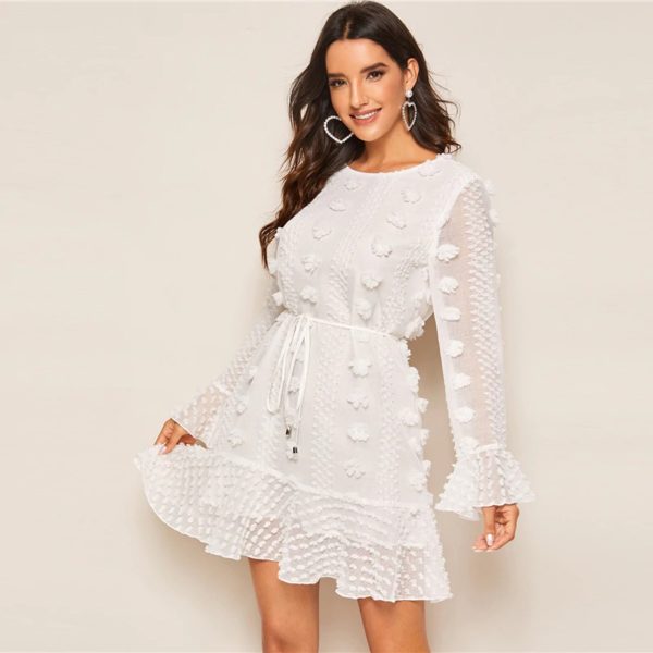 Swiss Dot Flounce Sleeve Ruffle Hem Sweet Dress - Image 3