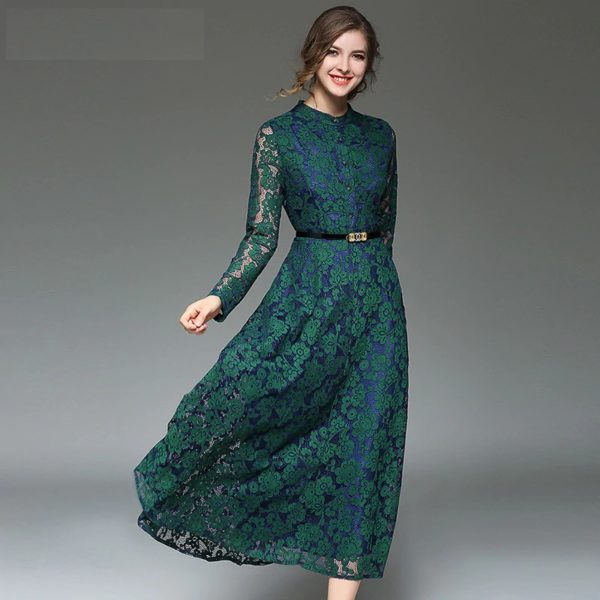 Long-sleeve A-line Slim lace Office Lady Casual long Dress