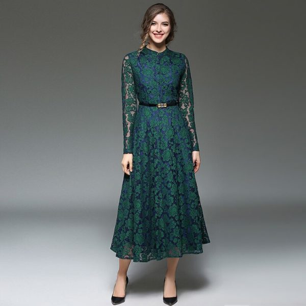 Long-sleeve A-line Slim lace Office Lady Casual long Dress - Image 2