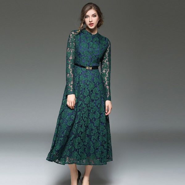Long-sleeve A-line Slim lace Office Lady Casual long Dress - Image 3