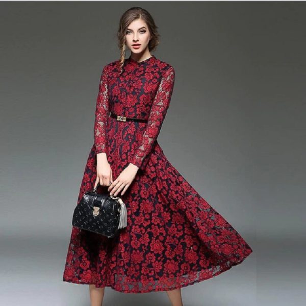 Long-sleeve A-line Slim lace Office Lady Casual long Dress - Image 4