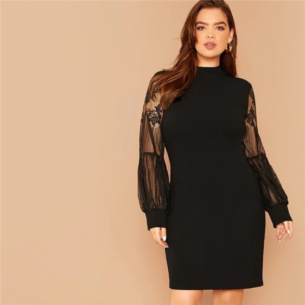 Plus Size Black Mock-Neck Lace Lantern Sleeve Short Dress